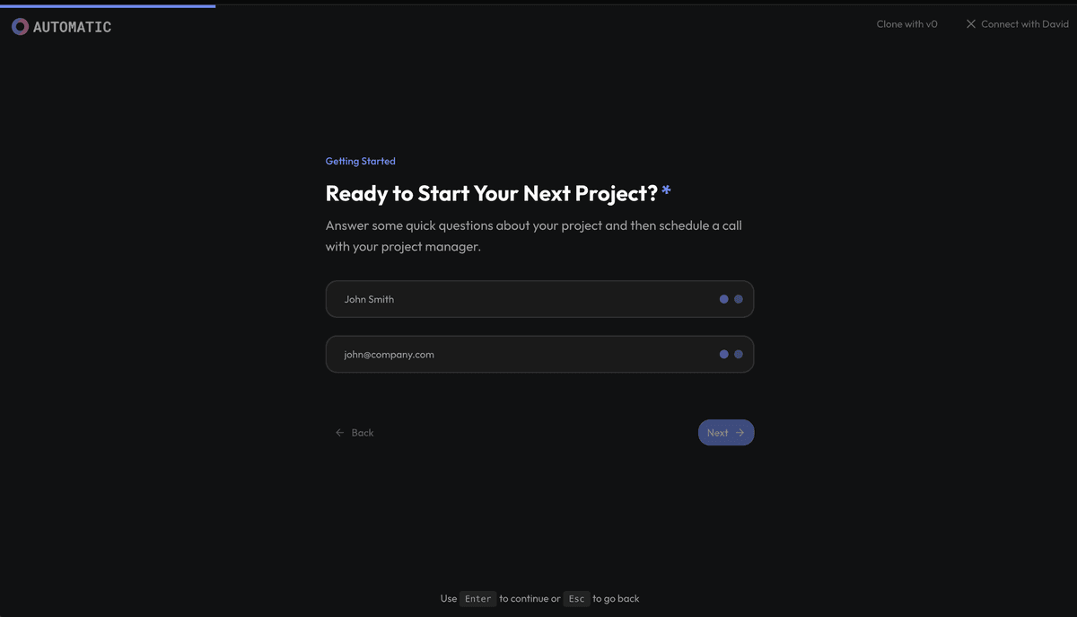 AI Discovery Form template preview showing conversational interface and smart questioning flow