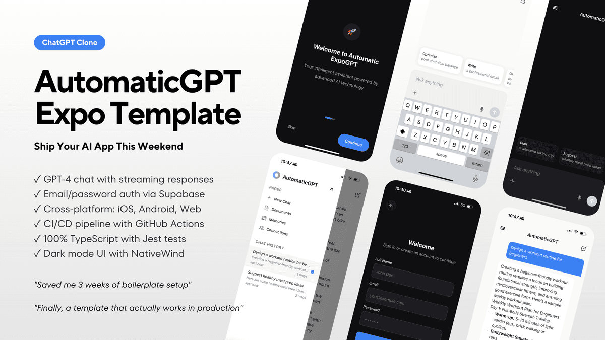 AutomaticGPT Expo template showcase with mobile app screens and feature highlights